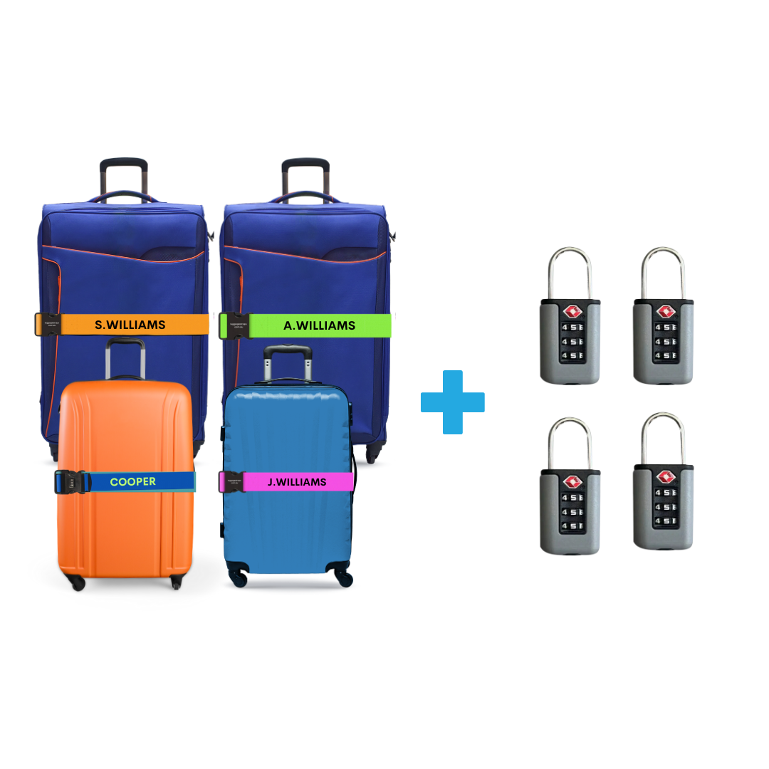 Family Pack Personalised Luggage Straps & TSA Locks for 4 Luggage Straps